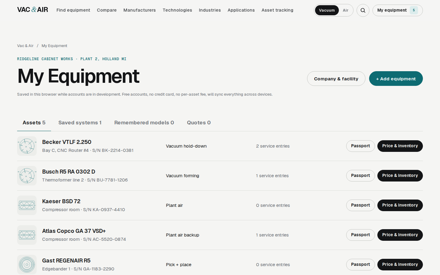 The My Equipment screen listing tracked pumps and compressors