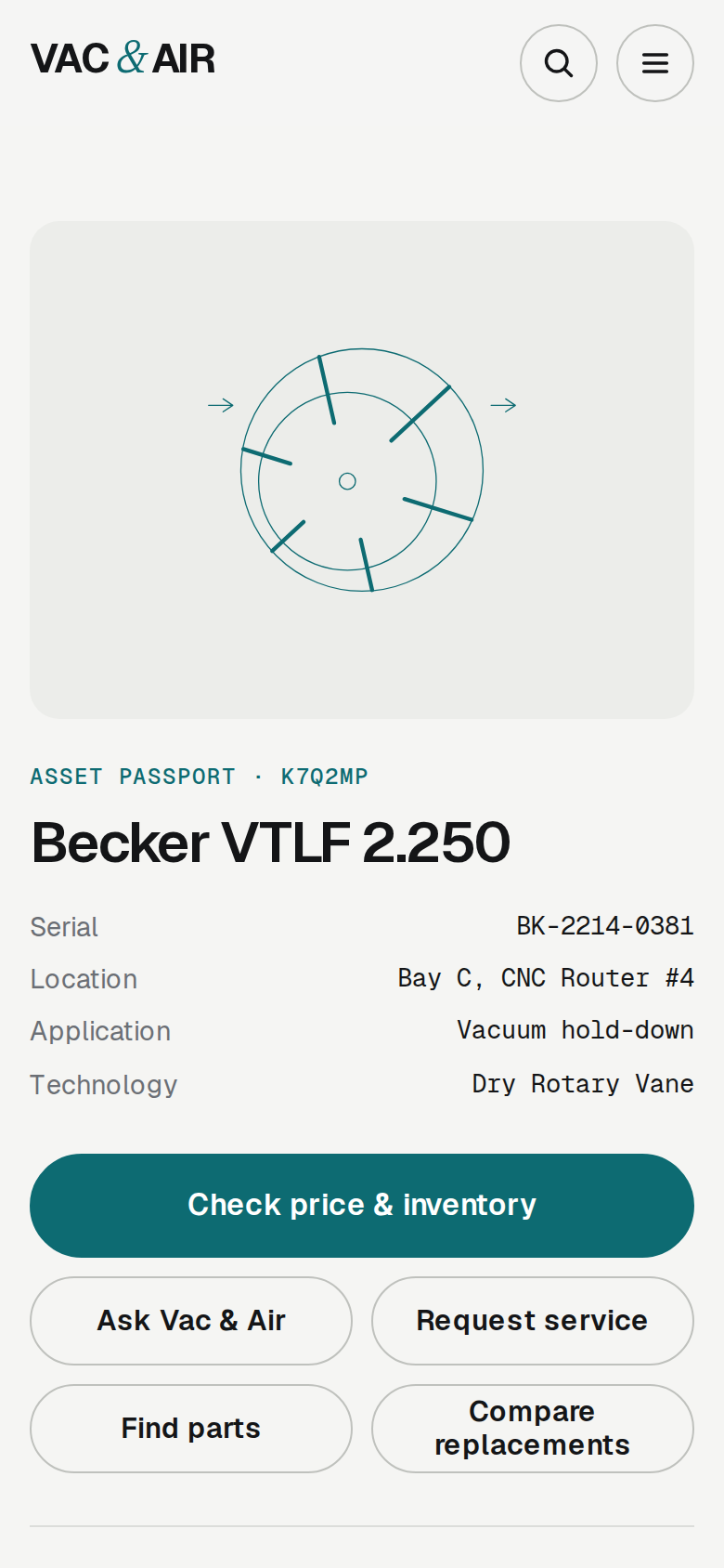 An Asset Passport on a phone, opened from the machine's QR tag